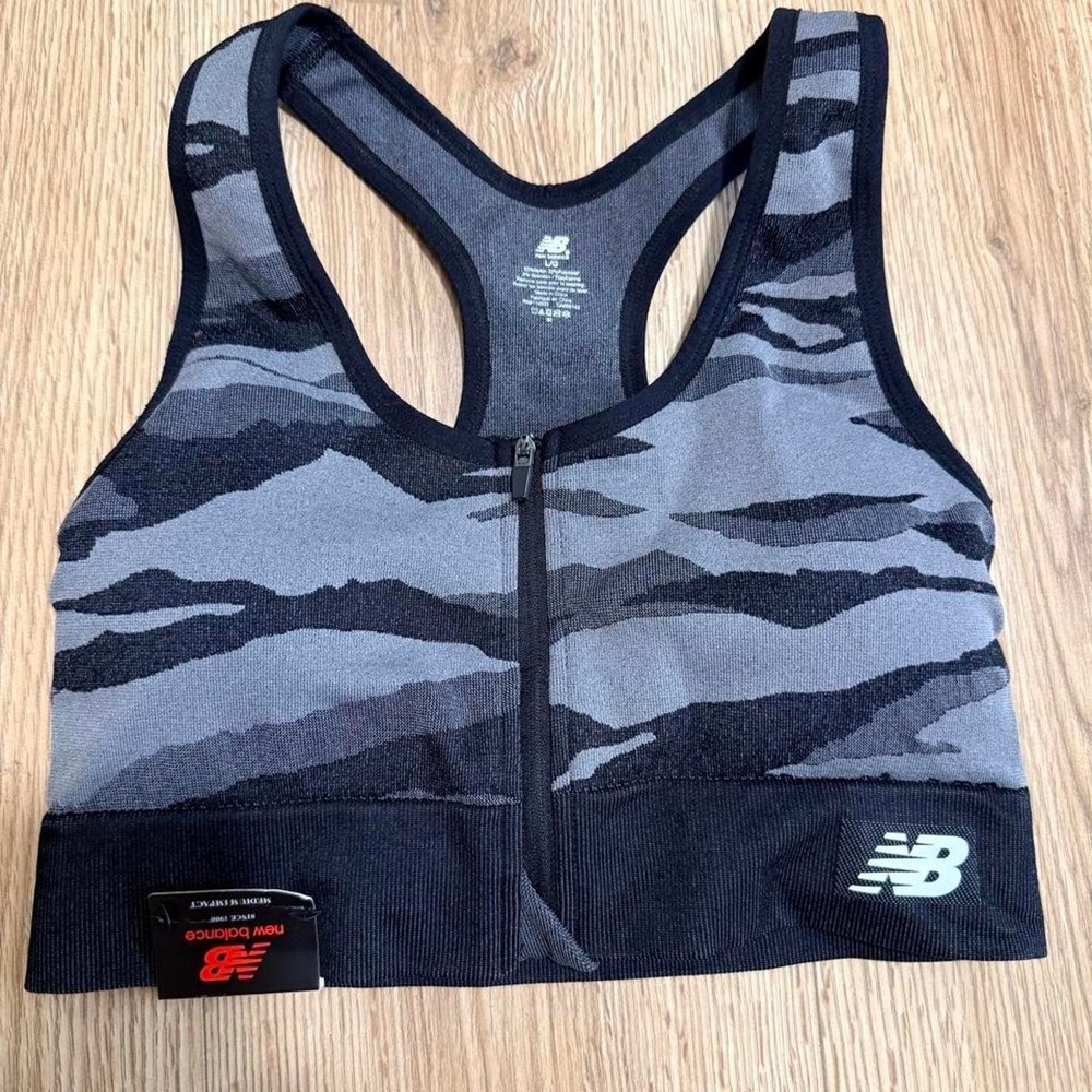 New Balance Womens Medium Impact Camo Front Zip Sports Bra Grey Black Size L